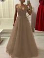 A-Line/Princess Spaghetti Straps Floor-Length Tulle Prom Dresses With Appliques Lace