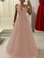 A-Line/Princess Spaghetti Straps Floor-Length Tulle Prom Dresses With Appliques Lace