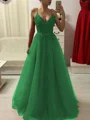 A-Line/Princess Spaghetti Straps Floor-Length Tulle Prom Dresses With Appliques Lace