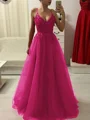 A-Line/Princess Spaghetti Straps Floor-Length Tulle Prom Dresses With Appliques Lace