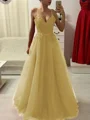 A-Line/Princess Spaghetti Straps Floor-Length Tulle Prom Dresses With Appliques Lace