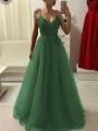 A-Line/Princess Spaghetti Straps Floor-Length Tulle Prom Dresses With Appliques Lace
