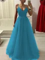 A-Line/Princess Spaghetti Straps Floor-Length Tulle Prom Dresses With Appliques Lace