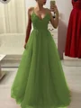 A-Line/Princess Spaghetti Straps Floor-Length Tulle Prom Dresses With Appliques Lace
