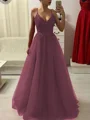 A-Line/Princess Spaghetti Straps Floor-Length Tulle Prom Dresses With Appliques Lace
