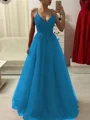 A-Line/Princess Spaghetti Straps Floor-Length Tulle Prom Dresses With Appliques Lace