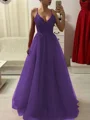 A-Line/Princess Spaghetti Straps Floor-Length Tulle Prom Dresses With Appliques Lace