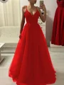 A-Line/Princess Spaghetti Straps Floor-Length Tulle Prom Dresses With Appliques Lace