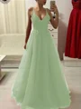 A-Line/Princess Spaghetti Straps Floor-Length Tulle Prom Dresses With Appliques Lace