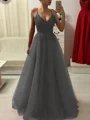 A-Line/Princess Spaghetti Straps Floor-Length Tulle Prom Dresses With Appliques Lace