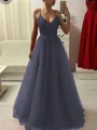 A-Line/Princess Spaghetti Straps Floor-Length Tulle Prom Dresses With Appliques Lace
