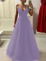 A-Line/Princess Spaghetti Straps Floor-Length Tulle Prom Dresses With Appliques Lace