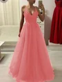 A-Line/Princess Spaghetti Straps Floor-Length Tulle Prom Dresses With Appliques Lace