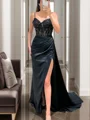 Sheath Spaghetti Straps Beading Sweep Train Silk Like Satin Corset Dress
