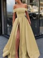 A-Line/Princess Off-the-Shoulder Sweep Train Satin Prom Dresses With Leg Slit