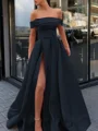 A-Line/Princess Off-the-Shoulder Sweep Train Satin Prom Dresses With Leg Slit