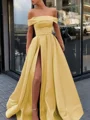 A-Line/Princess Off-the-Shoulder Sweep Train Satin Prom Dresses With Leg Slit