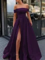 A-Line/Princess Off-the-Shoulder Sweep Train Satin Prom Dresses With Leg Slit