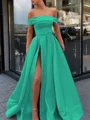 A-Line/Princess Off-the-Shoulder Sweep Train Satin Prom Dresses With Leg Slit