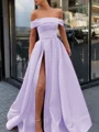 A-Line/Princess Off-the-Shoulder Sweep Train Satin Prom Dresses With Leg Slit