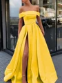 A-Line/Princess Off-the-Shoulder Sweep Train Satin Prom Dresses With Leg Slit