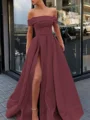 A-Line/Princess Off-the-Shoulder Sweep Train Satin Prom Dresses With Leg Slit