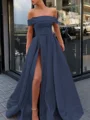 A-Line/Princess Off-the-Shoulder Sweep Train Satin Prom Dresses With Leg Slit