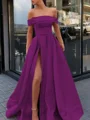 A-Line/Princess Off-the-Shoulder Sweep Train Satin Prom Dresses With Leg Slit