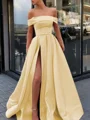 A-Line/Princess Off-the-Shoulder Sweep Train Satin Prom Dresses With Leg Slit