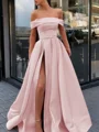 A-Line/Princess Off-the-Shoulder Sweep Train Satin Prom Dresses With Leg Slit