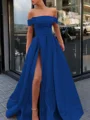 A-Line/Princess Off-the-Shoulder Sweep Train Satin Prom Dresses With Leg Slit
