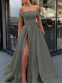 A-Line/Princess Off-the-Shoulder Sweep Train Satin Prom Dresses With Leg Slit