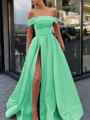 A-Line/Princess Off-the-Shoulder Sweep Train Satin Prom Dresses With Leg Slit