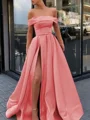 A-Line/Princess Off-the-Shoulder Sweep Train Satin Prom Dresses With Leg Slit
