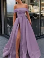 A-Line/Princess Off-the-Shoulder Sweep Train Satin Prom Dresses With Leg Slit