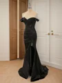 Sheath Silk Like Satin Off-the-Shoulder Appliques Lace Sweep Train Corset Dress