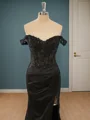 Sheath Silk Like Satin Off-the-Shoulder Appliques Lace Sweep Train Corset Dress