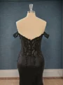 Sheath Silk Like Satin Off-the-Shoulder Appliques Lace Sweep Train Corset Dress