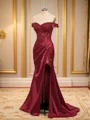 Sheath Silk Like Satin Off-the-Shoulder Appliques Lace Sweep Train Corset Dress