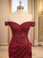 Sheath Silk Like Satin Off-the-Shoulder Appliques Lace Sweep Train Corset Dress