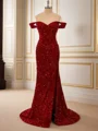 Sheath Velvet Sequins Off-the-Shoulder Pleated Sweep Train Dress