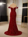 Sheath Velvet Sequins Off-the-Shoulder Pleated Sweep Train Dress