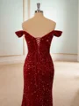 Sheath Velvet Sequins Off-the-Shoulder Pleated Sweep Train Dress