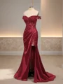 Sheath Silk Like Satin Off-the-Shoulder Appliques Lace Sweep Train Corset Dress