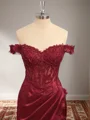 Sheath Silk Like Satin Off-the-Shoulder Appliques Lace Sweep Train Corset Dress