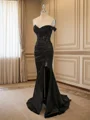 Sheath Silk Like Satin Off-the-Shoulder Appliques Lace Sweep Train Corset Dress