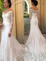 Trumpet/Mermaid Off-the-Shoulder Court Train Lace Wedding Dresses With Appliques Lace