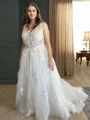 A-Line/Princess V-neck Sweep Train Tulle Wedding Dresses With Appliques Lace