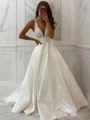 A-Line/Princess V-neck Chapel Train Satin Wedding Dresses