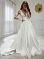 A-Line/Princess V-neck Court Train Satin Wedding Dresses